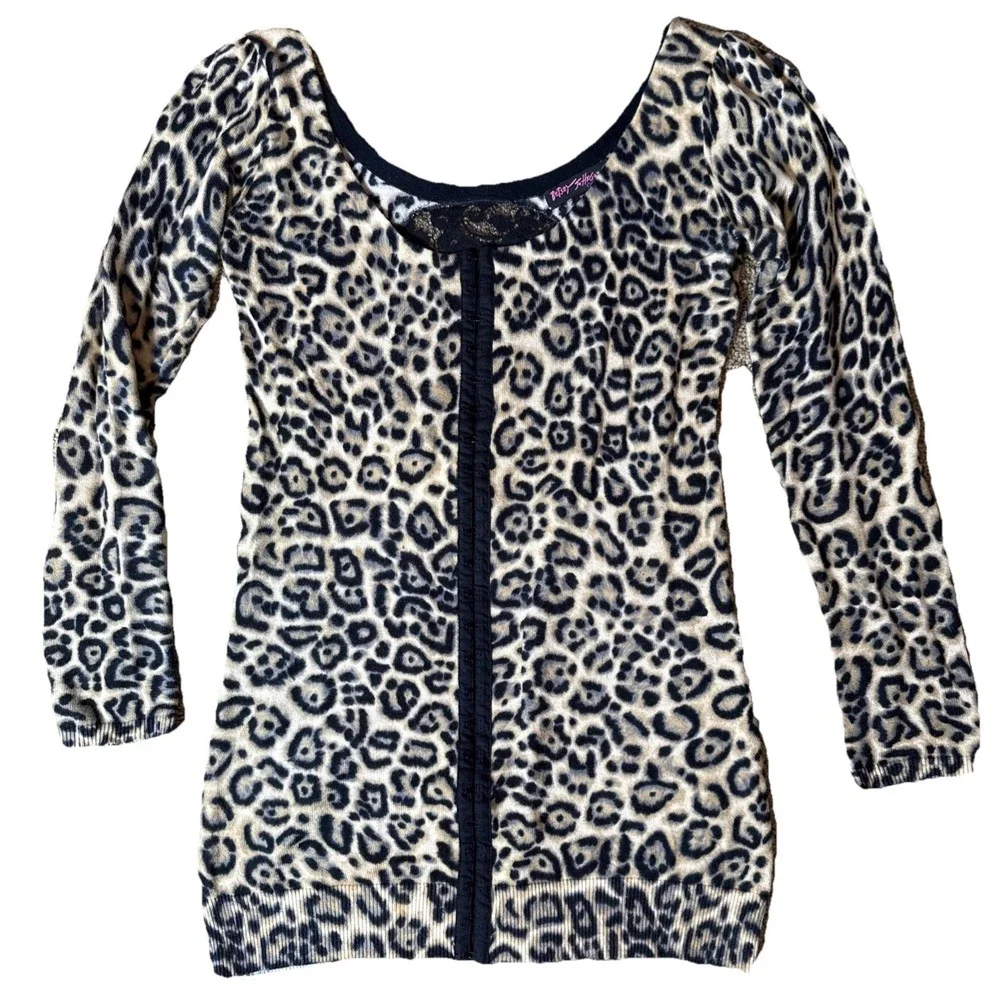 Betsey Johnson Medium Brown Black Leopard Print Sweater Tunic Lace Back Y2K 90s